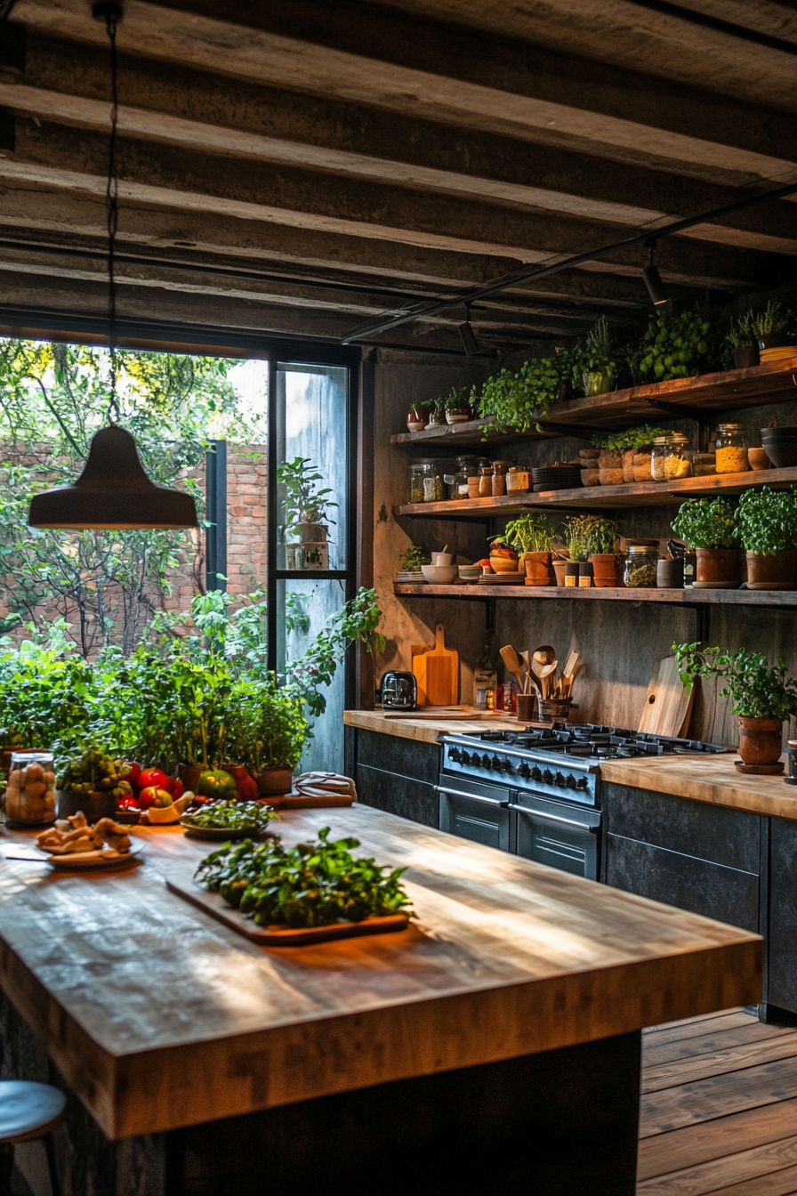 Community living space. Open-plan kitchen with rustic wooden countertops and lush herb garden.