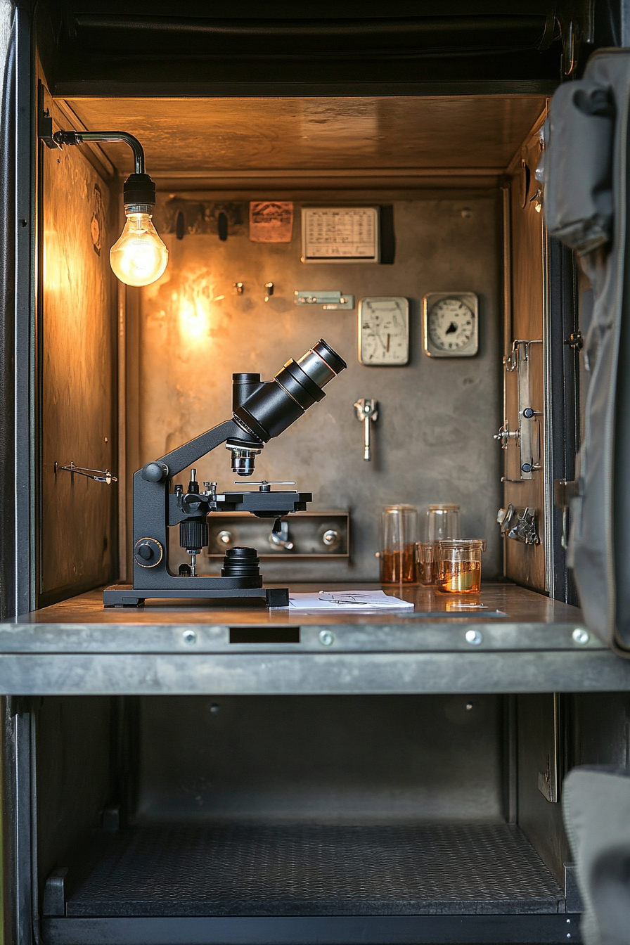 Mobile research space. Portable lab fitted with a galvanized metal microscope station.