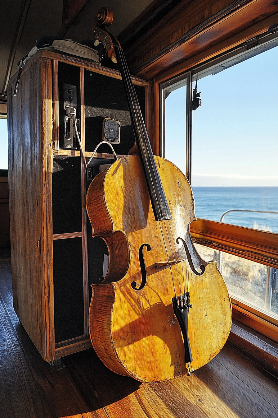 Mobile Studio Space. Vintage wooden guitar, cello rack, recording booth with ocean view backdrop.