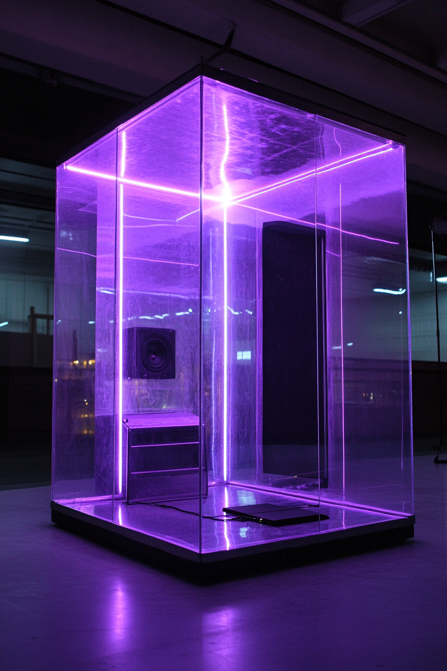 Mobile Recording Space. Reflective glass enclosed sound booth with purple LED lights.