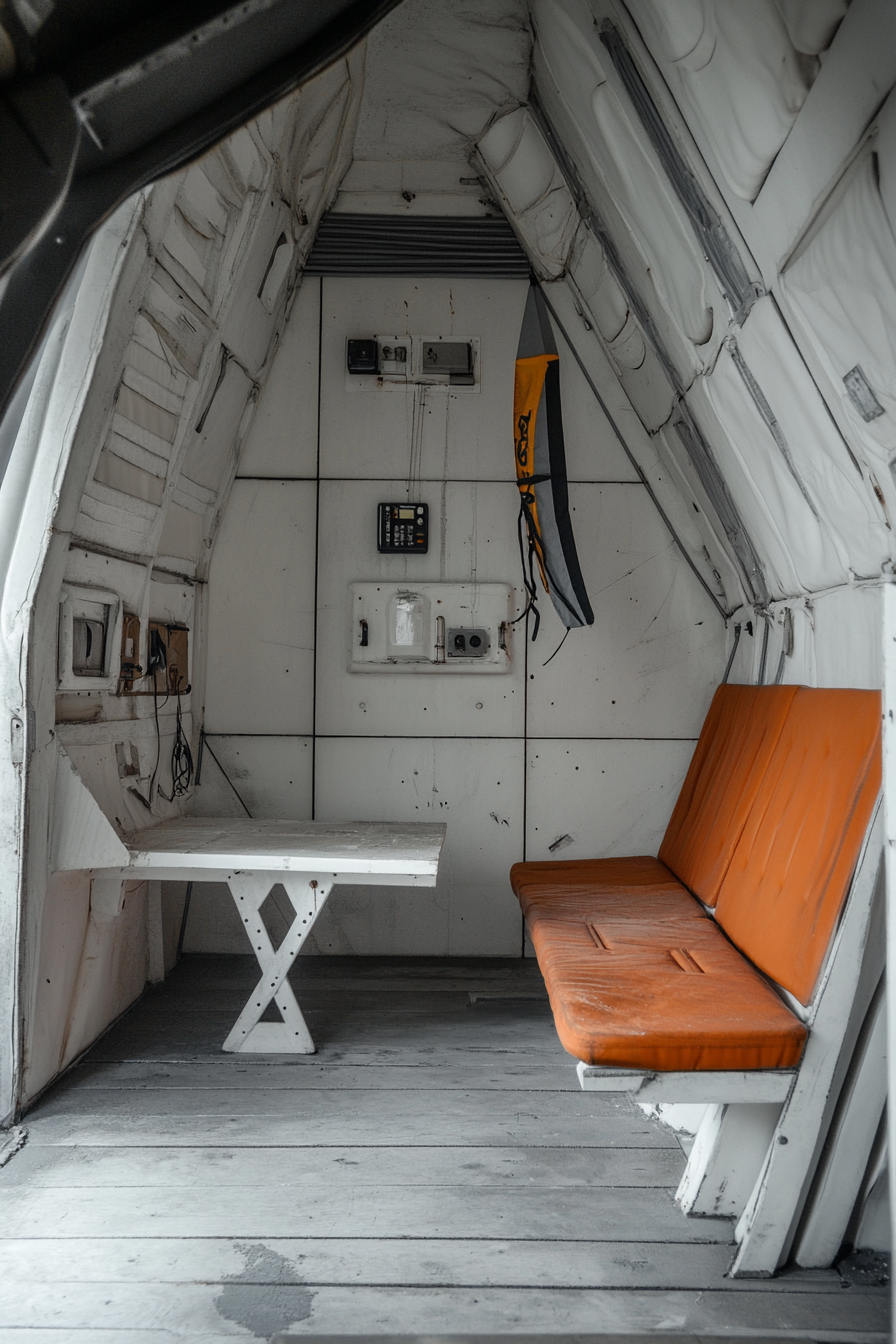 Adventure Launch Space. Kite repair station with white panelling.
