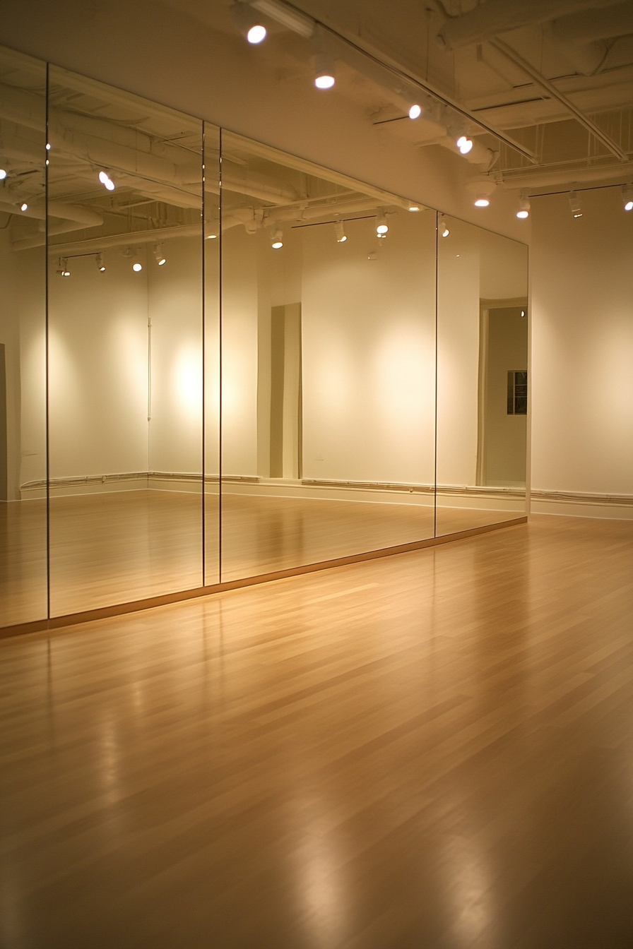 Movement Practice Space. Mirror wall with ballet bar, spotlights, and warm oak sprung floor.