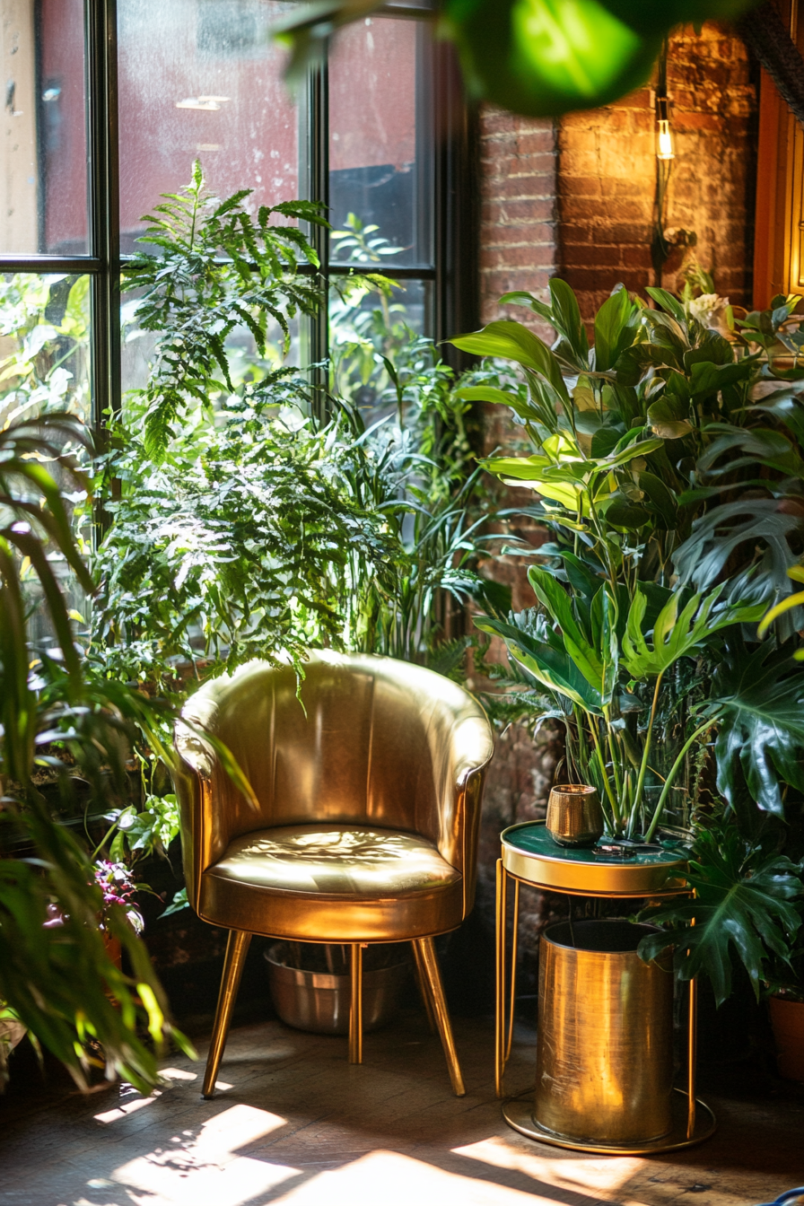 Event Support Space. Lush indoor plant filled chill zone with vintage gold-trimmed charging station.