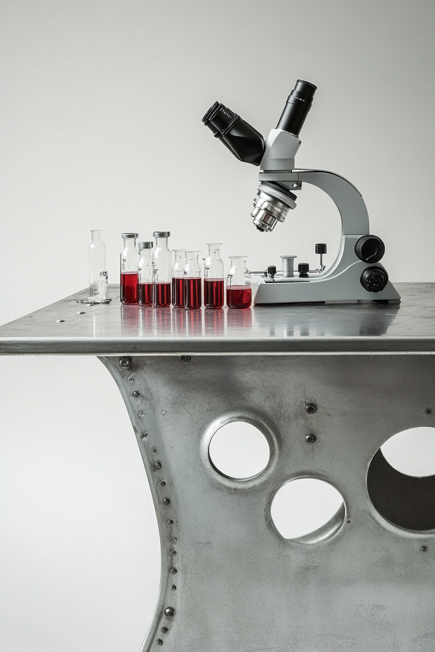 Mobile research space. Roll-up metal desk with microscope and vials of crimson liquid.