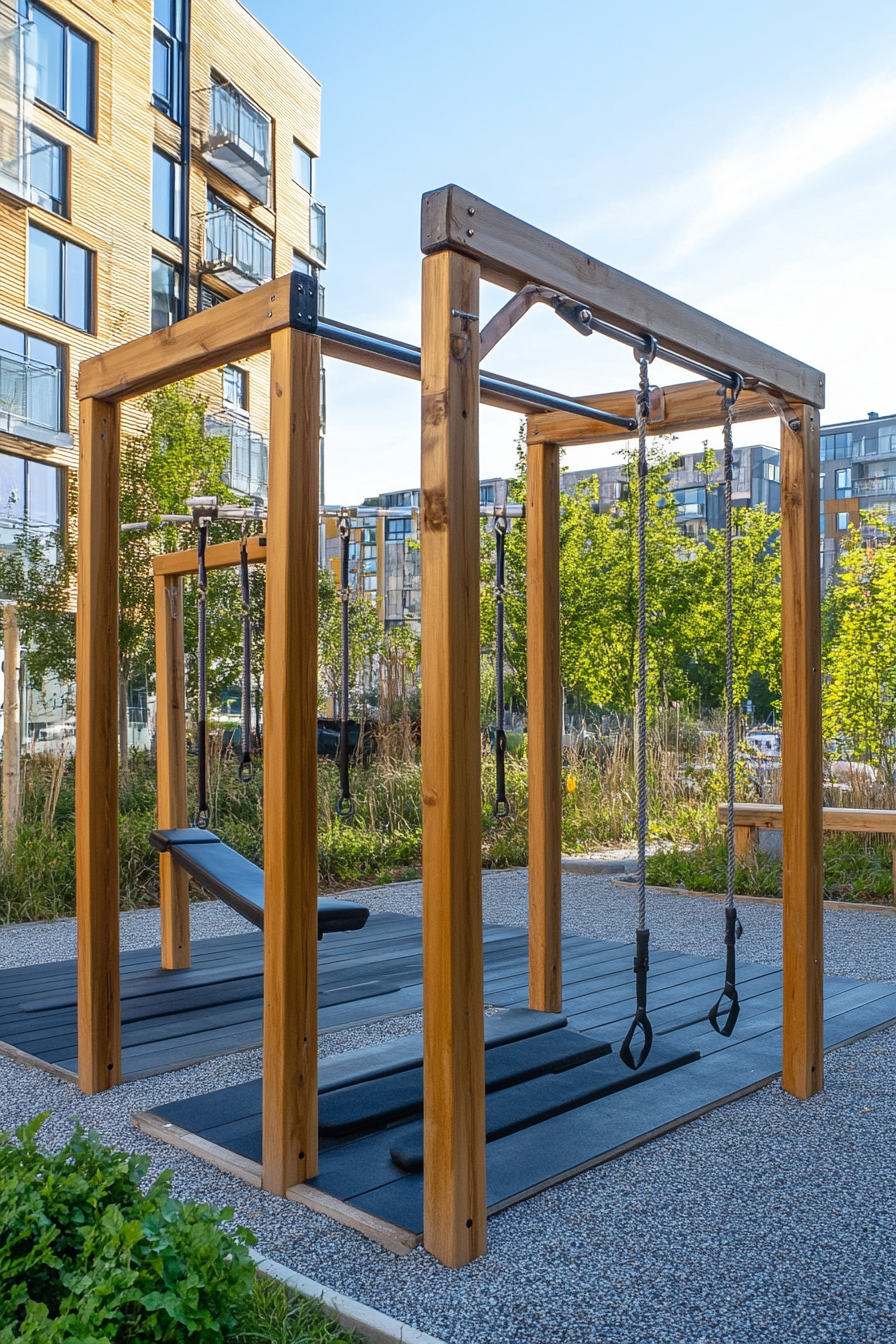 Fitness Community Space. Outdoor gym with varnished timber pull-up bars.