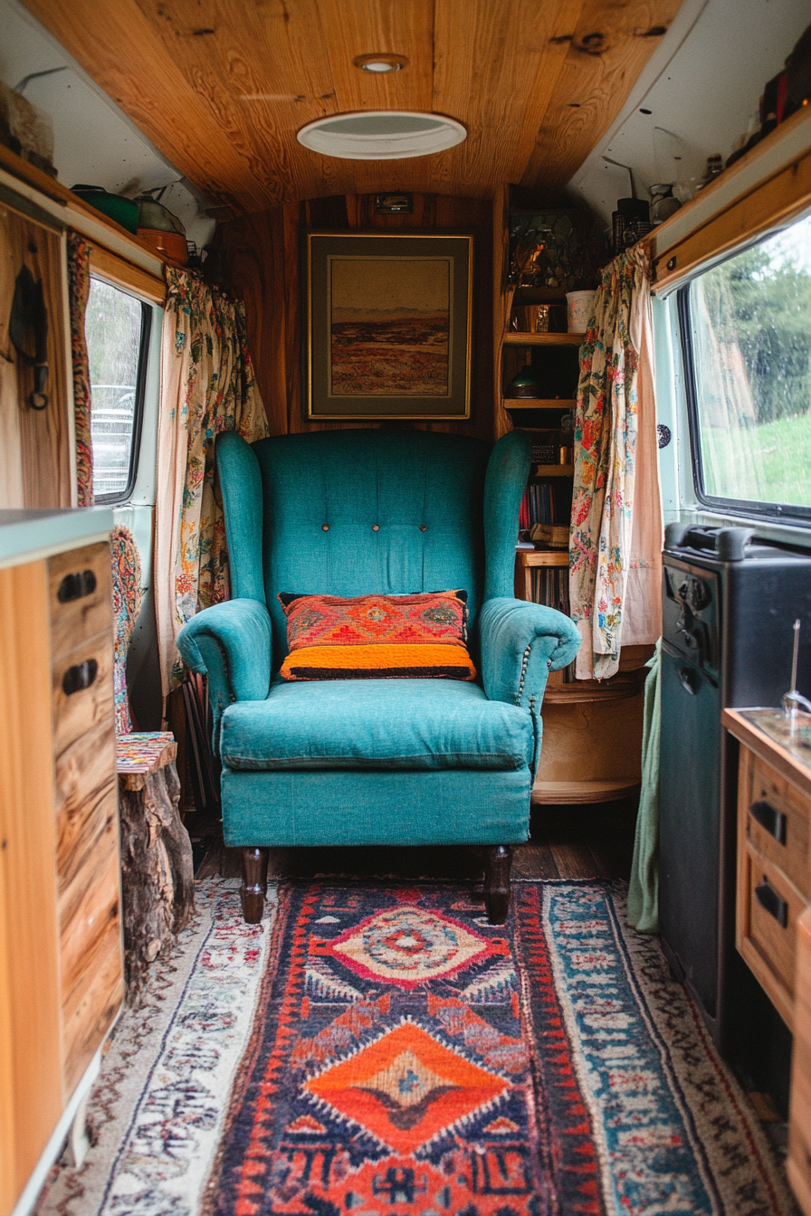 Therapy van space. Antique turquoise armchair, locally woven rugs, dense cork lining.