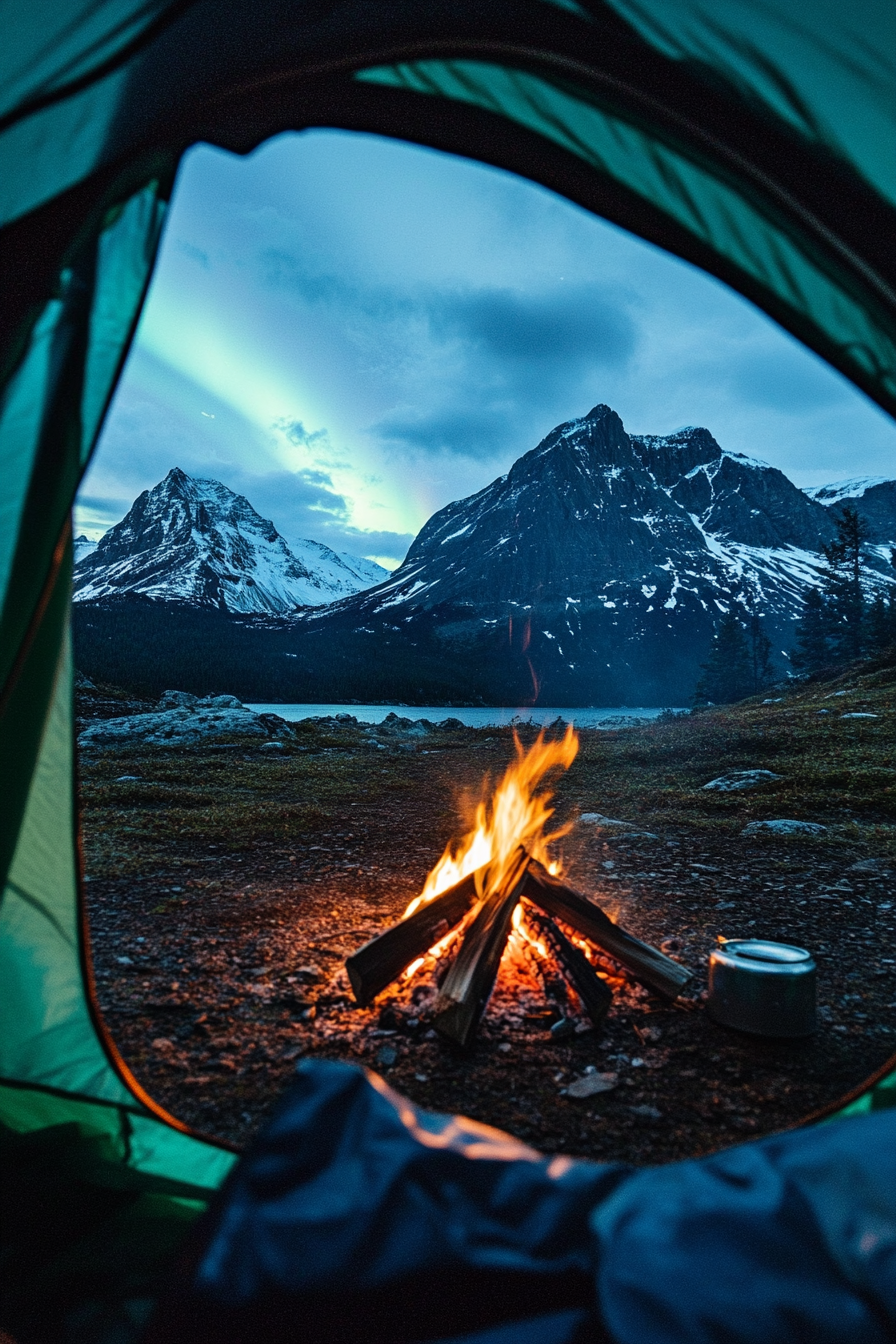 High alpine site. Aurora viewed from tent flap beside pitch-black campfire circle, silhouetting distant peaks.