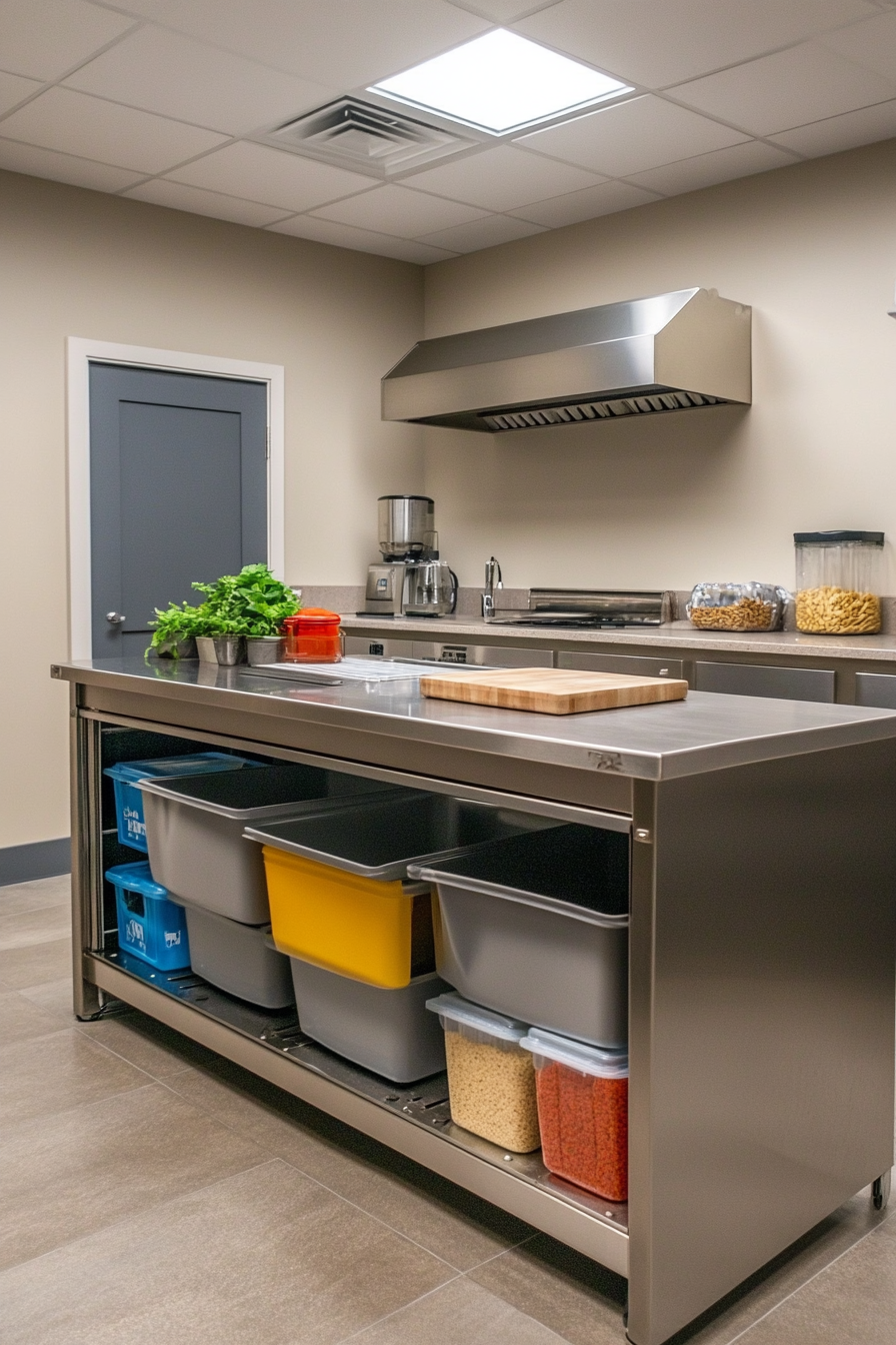 Community cooking space. Functional kitchen island with dry bulk adjustable storage bins.