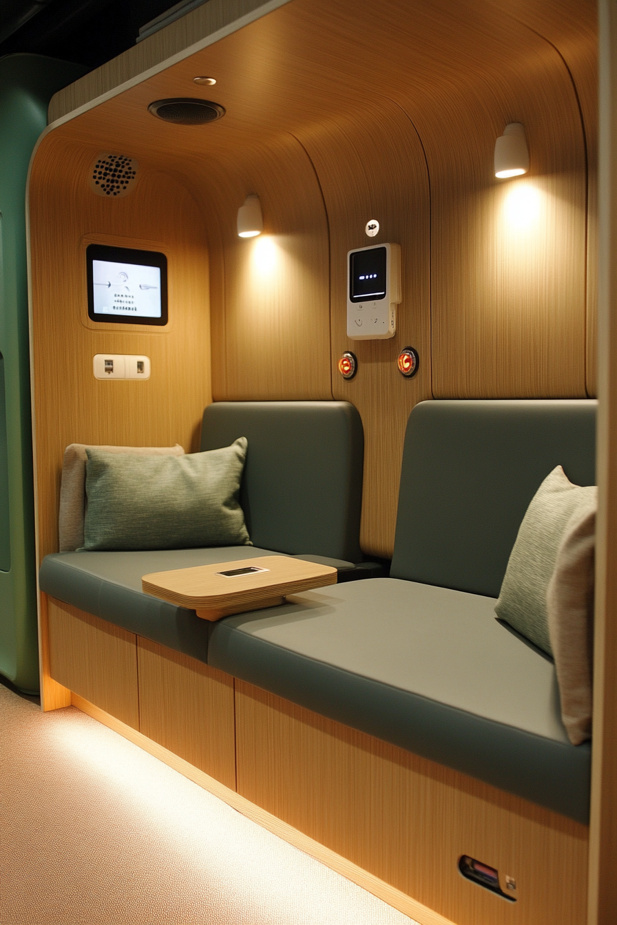 Creative mobile space. USB charging stations incorporated into lounge area seating.