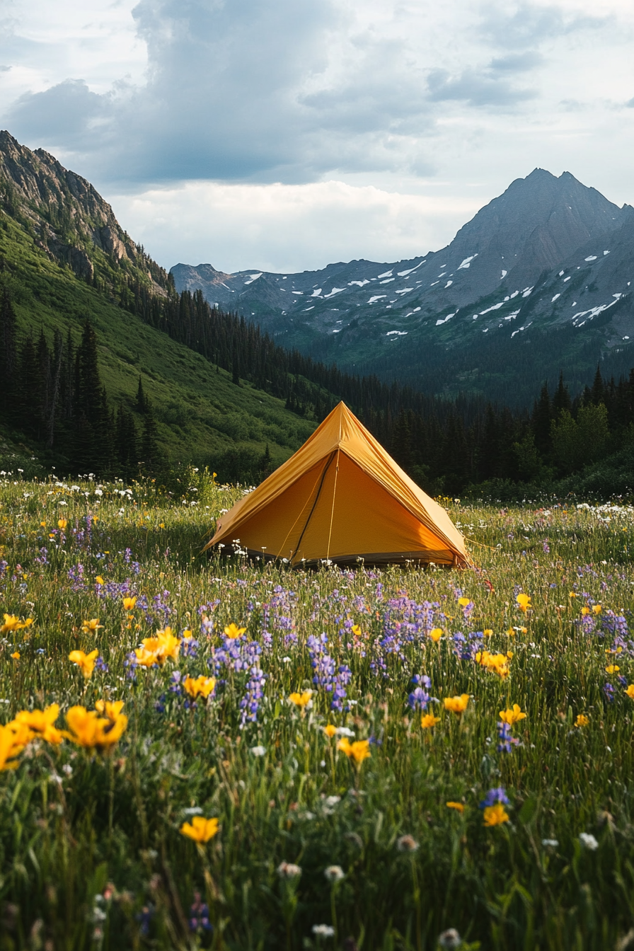Highland site. Wind-protected tent pad, wildflower surroundings, peak views.