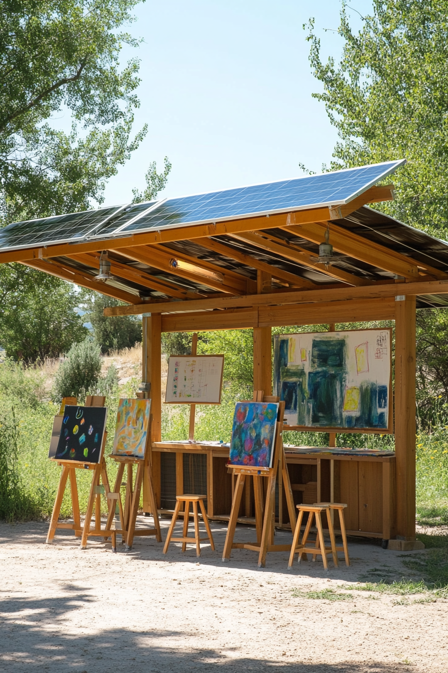 Community Learning Space. Solar-powered outdoor art center with easels and stools.