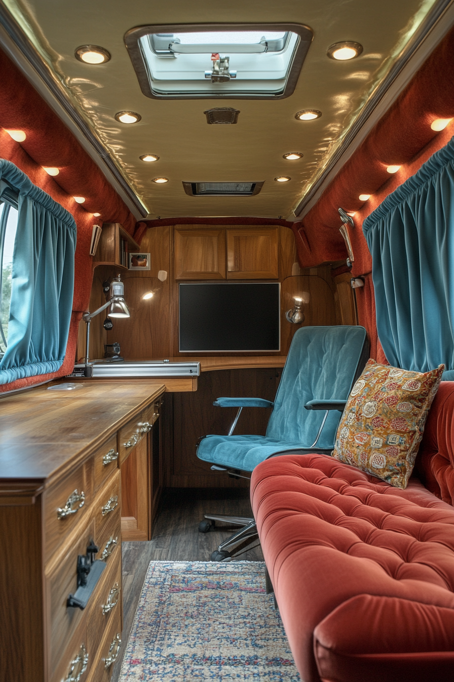 Therapy van space. Adjustable lighting, velvet upholstery, vintage oak desk.