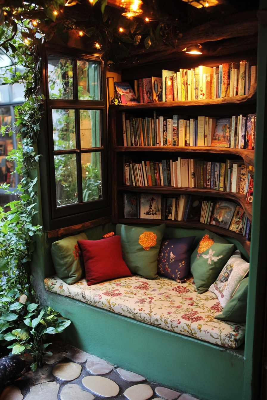 Community Learning Space. Lush reading nook with illustrated books.