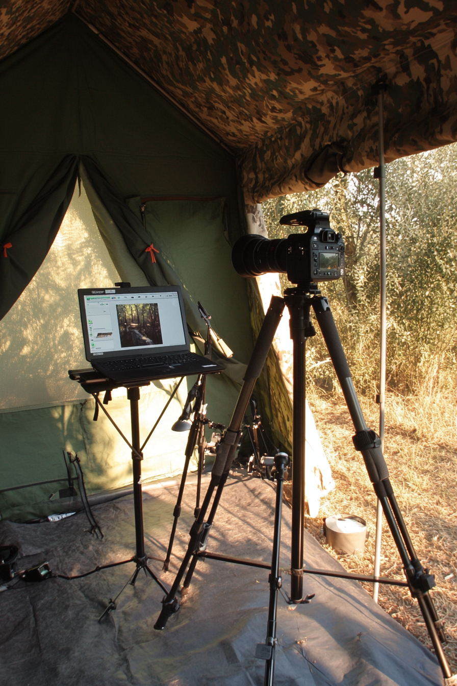 Nature Observation Space. Safari-colored tent, camera mounts, camouflage blinds, laptop-led photo editing booth.