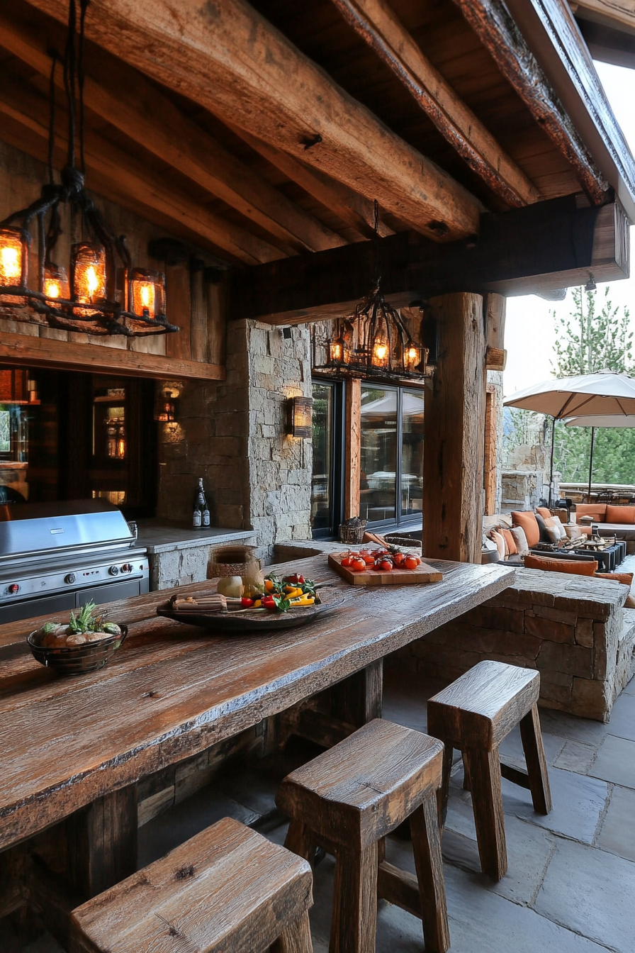 Community Living Space. Outdoor kitchen area with rustic wooden furniture.