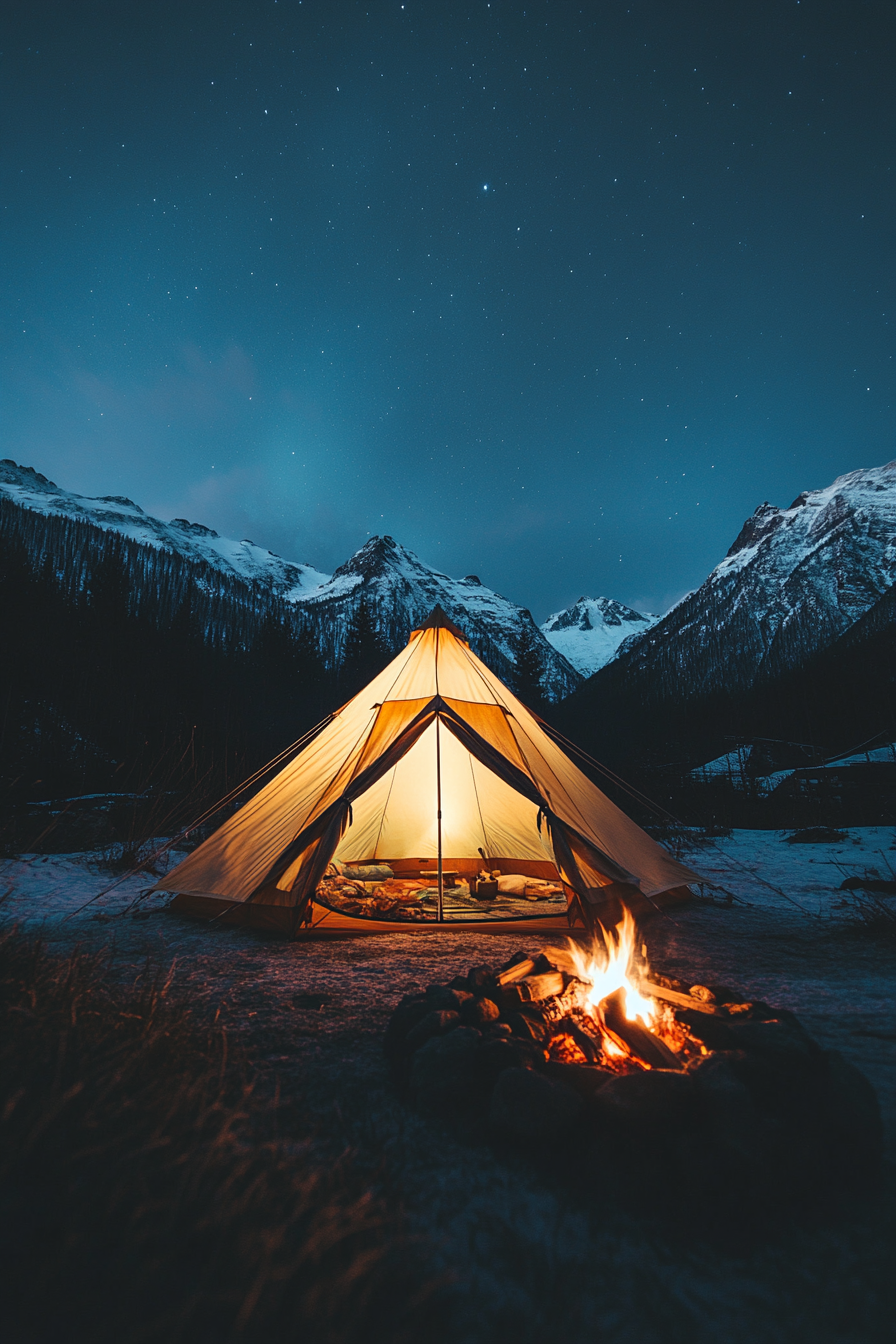 High alpine site. Aurora viewing tent beside wind-shielded fire pit with panoramic peak views.