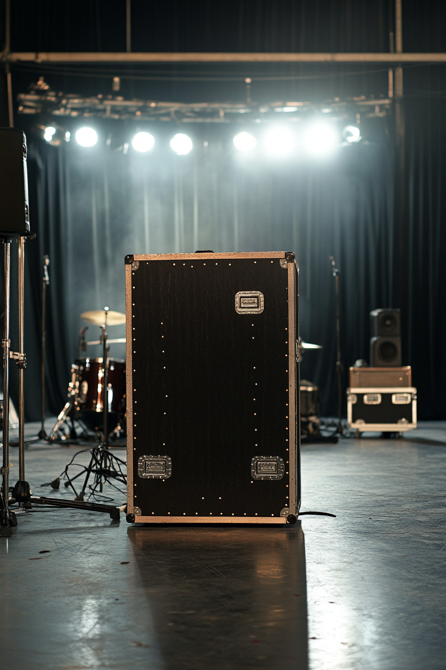 Mobile Studio Space. Black leather corners road case, seaside backdrop stage.