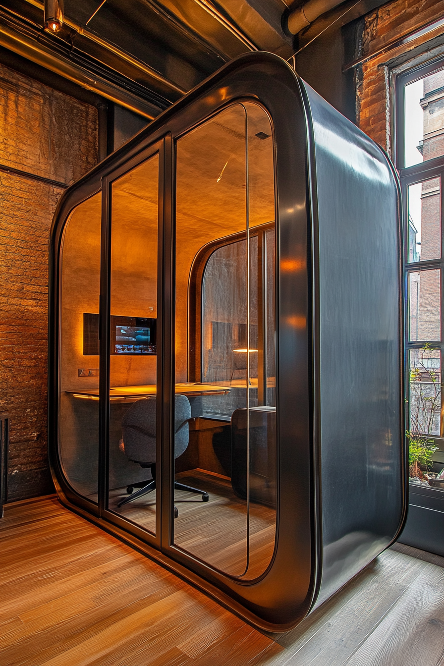 Community Space. Steel-frame studio pods with glass partitions.