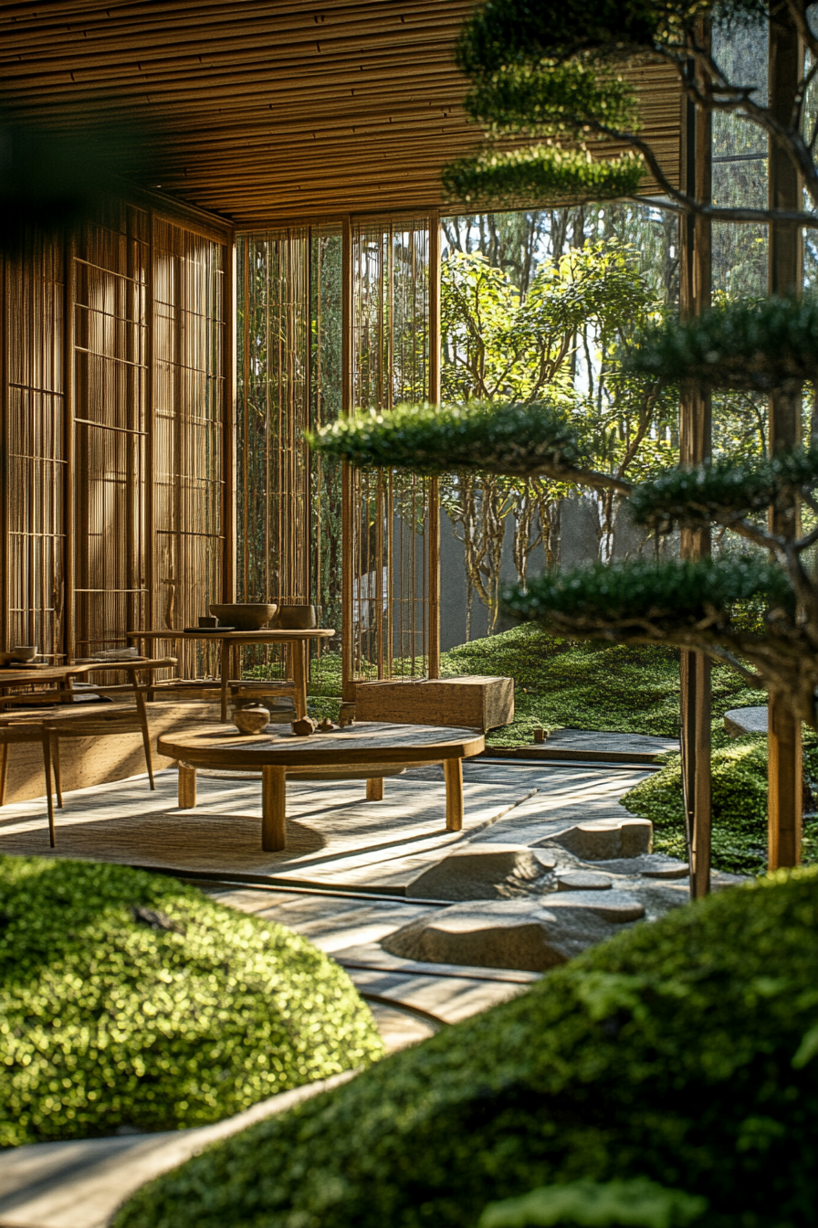 Wellness Escape Space. Bamboo teahouse nestled amid sprawling Bonsai trees.