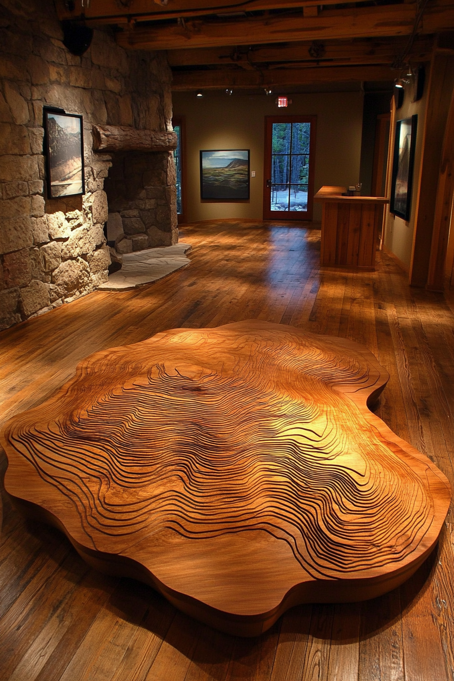 Mountain community space. Topographical map room with wooden floor and round table.