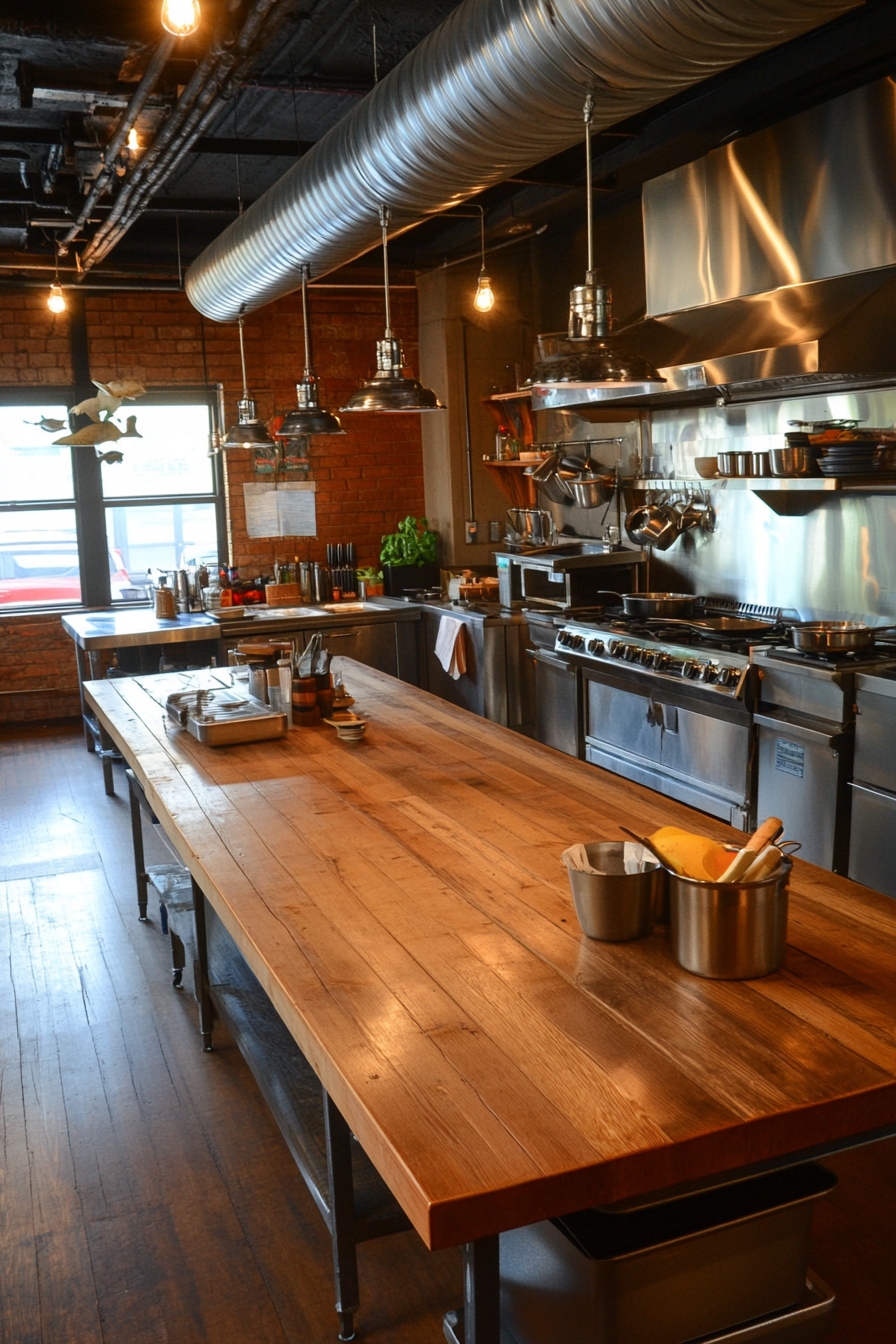 Social cooking space. Giant oak table, stainless steel prep stations, cosy storytelling corner.