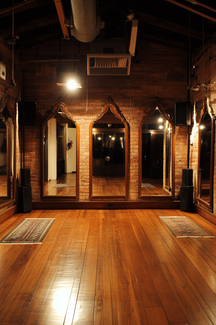 Movement practice space. Deco-styled mirrors, chestnut sprung floor, vintage sound system.