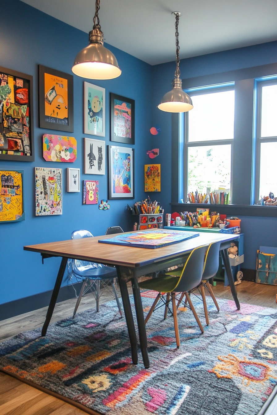 Creative Learning Space. Blue painted walls, gallery wall with mixed media art.