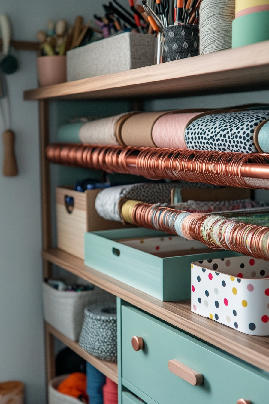 Creative craft space. Loom storage with copper racks, teak drawers & polka-dotted bins.