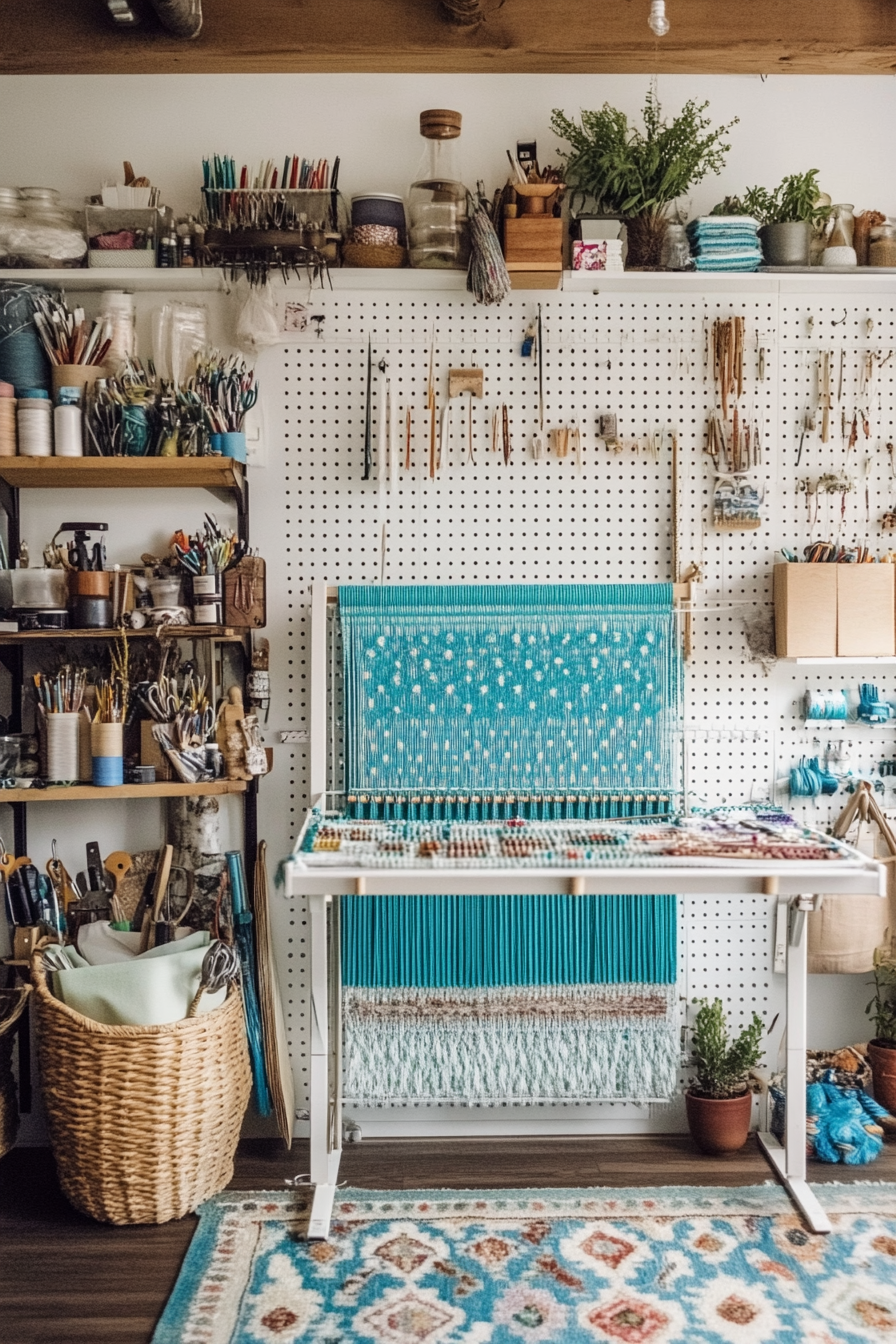 Creative craft space. Turquoise patterned loom stand against a white pegboard storage wall.