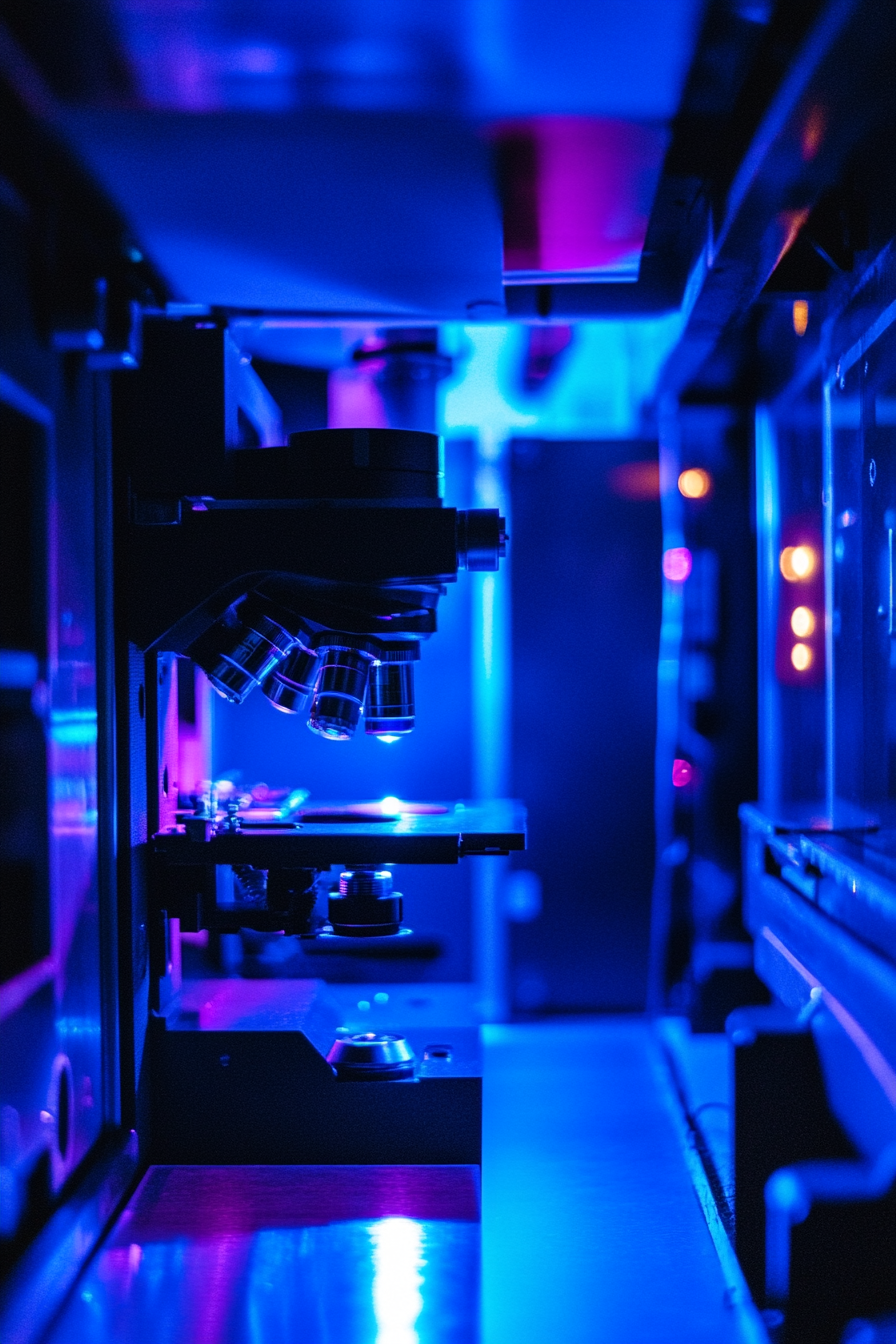 Mobile Research Space. Laser Scanning Microscope with Blue tint illumination.