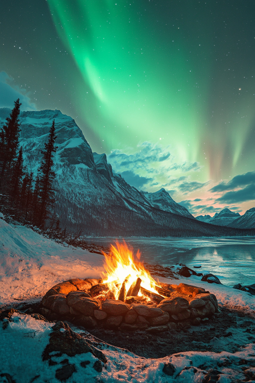 High Alpine site. Wind-protected fire pit near a snow-capped peak with ongoing aurora viewing.