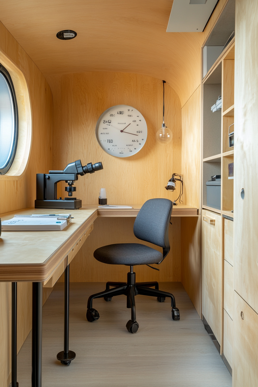 Mobile Research Space. Open-plan layout, microscope on polished oak desk, adjacent specimen storage cabinet.