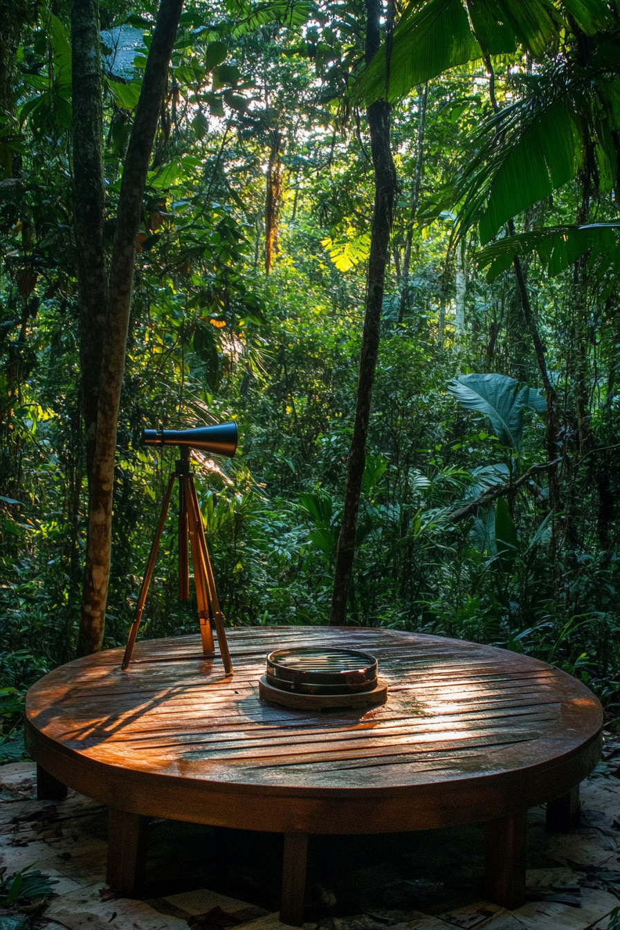 Jungle clearing. Mahogany platform, covered fire pit, telescope for wildlife viewing.