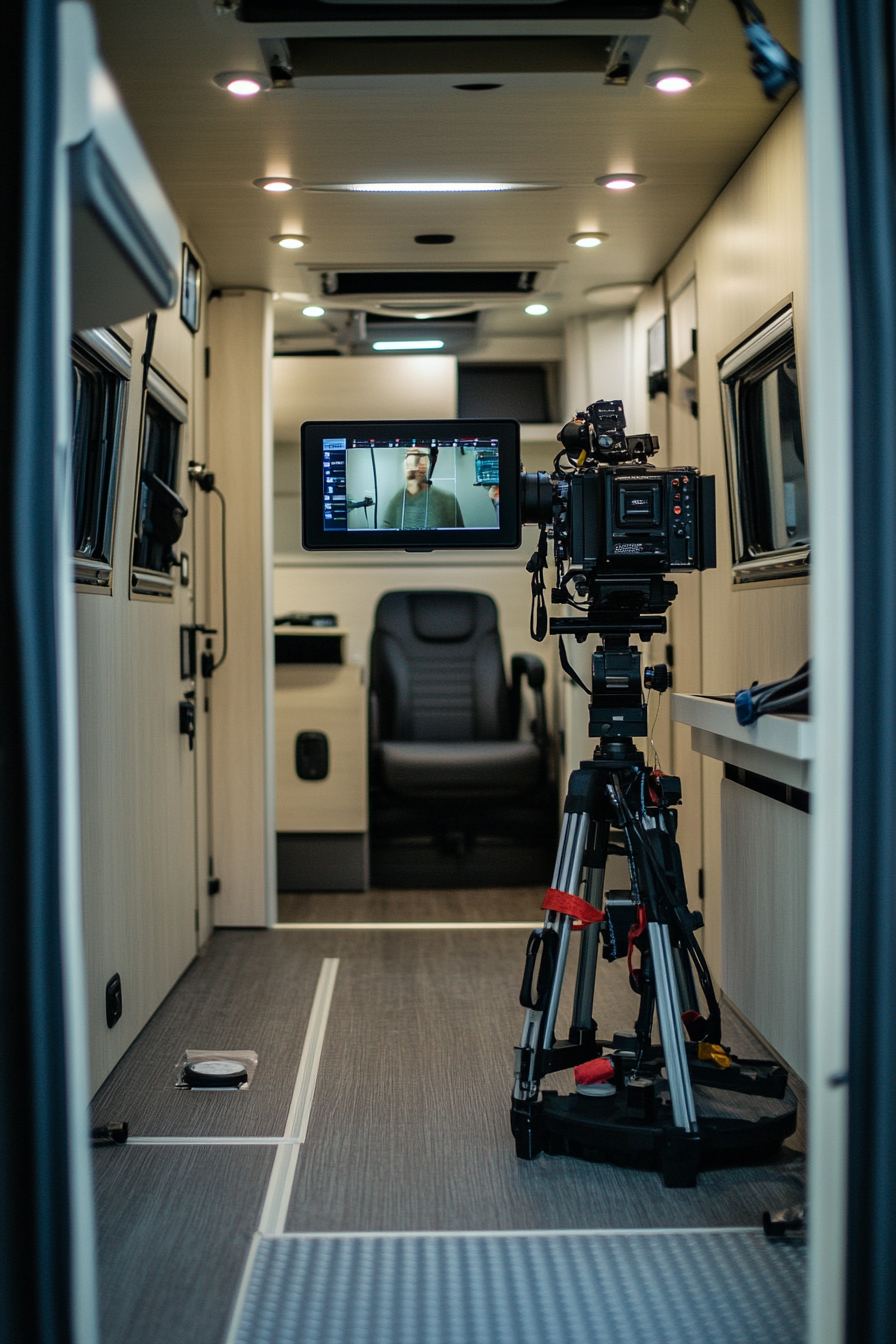 Creative mobile space. Rail-mounted broadcast camera in a soundproofed interview area.