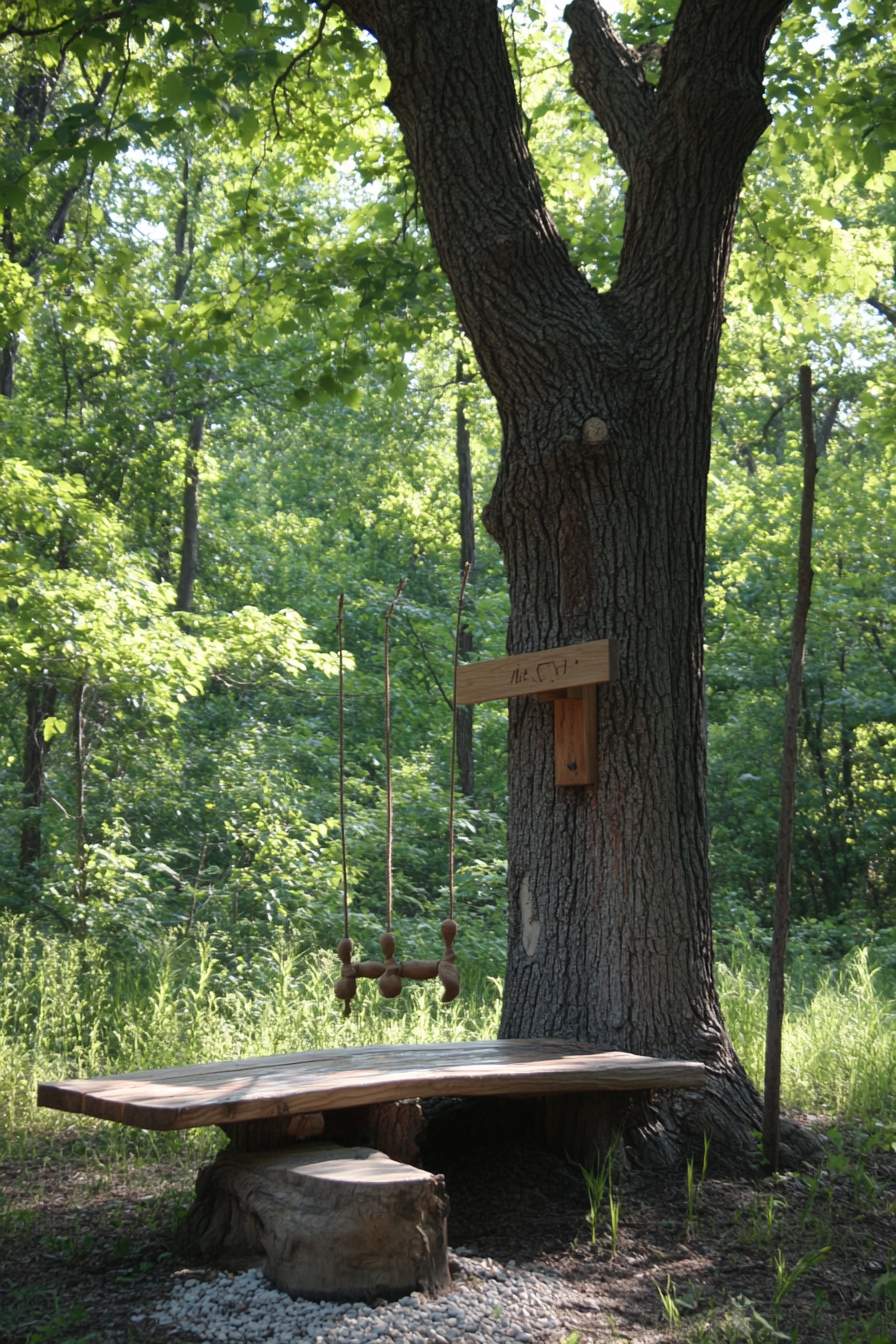 Outdoor Education Space. Knot-tying station near a tall oak tree.