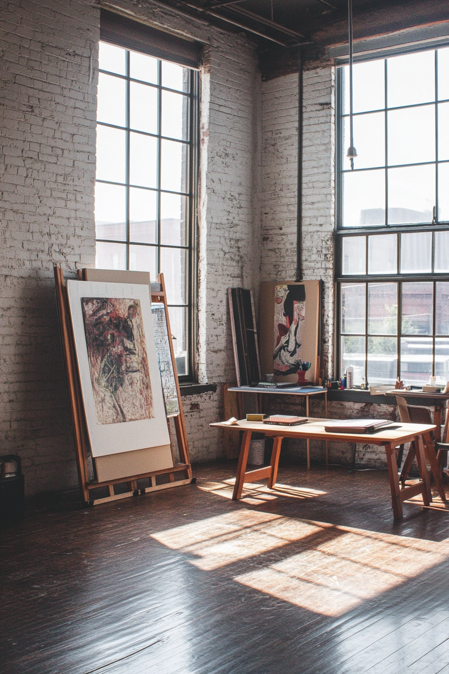 Creative learning space. Studio setup with exposed brick and large French windows.