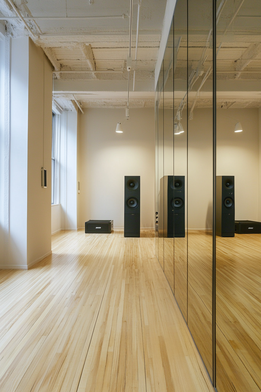 Movement Practice Space. Mirror wall, matte black sound system, teak sprung floor.