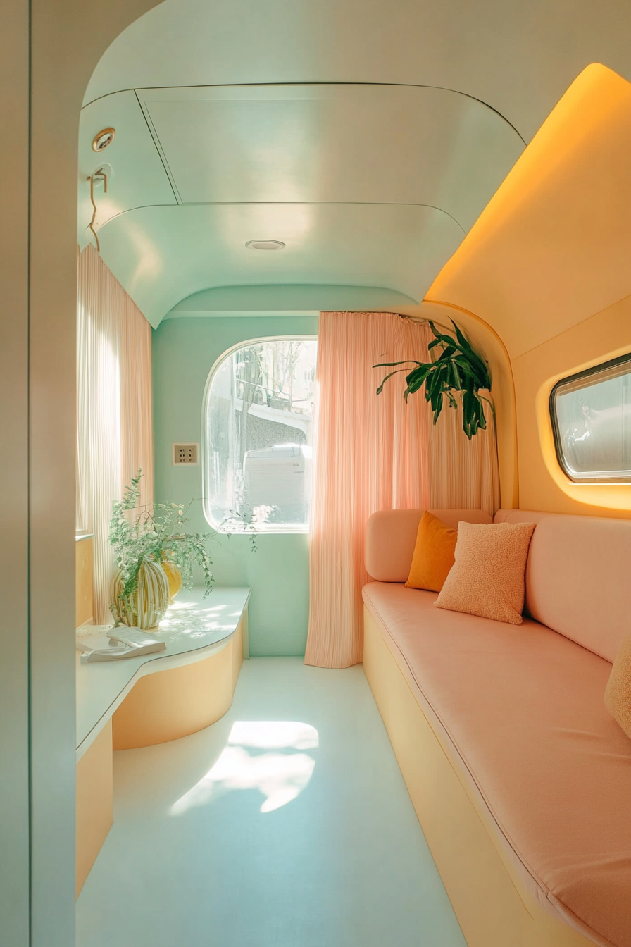 Therapy van space. Pastel-colored soundproof interior with compact private consultation area.