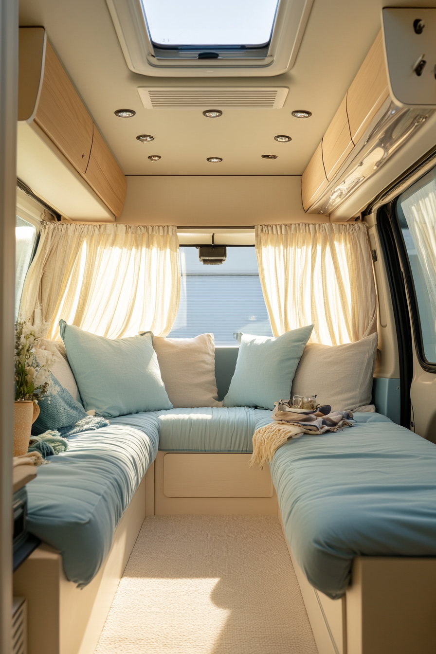 Therapy van interior. Pastel blue cushions, soundproof curtain, cream carpet.