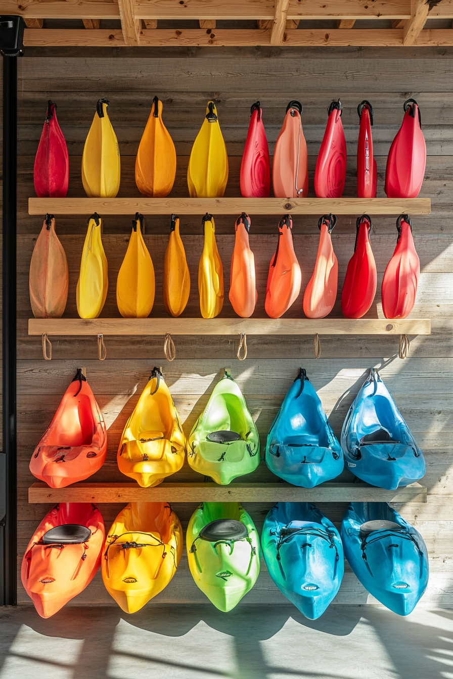 Water Adventure Space. Wooden gear rack with colored kayaks and safety life jackets.