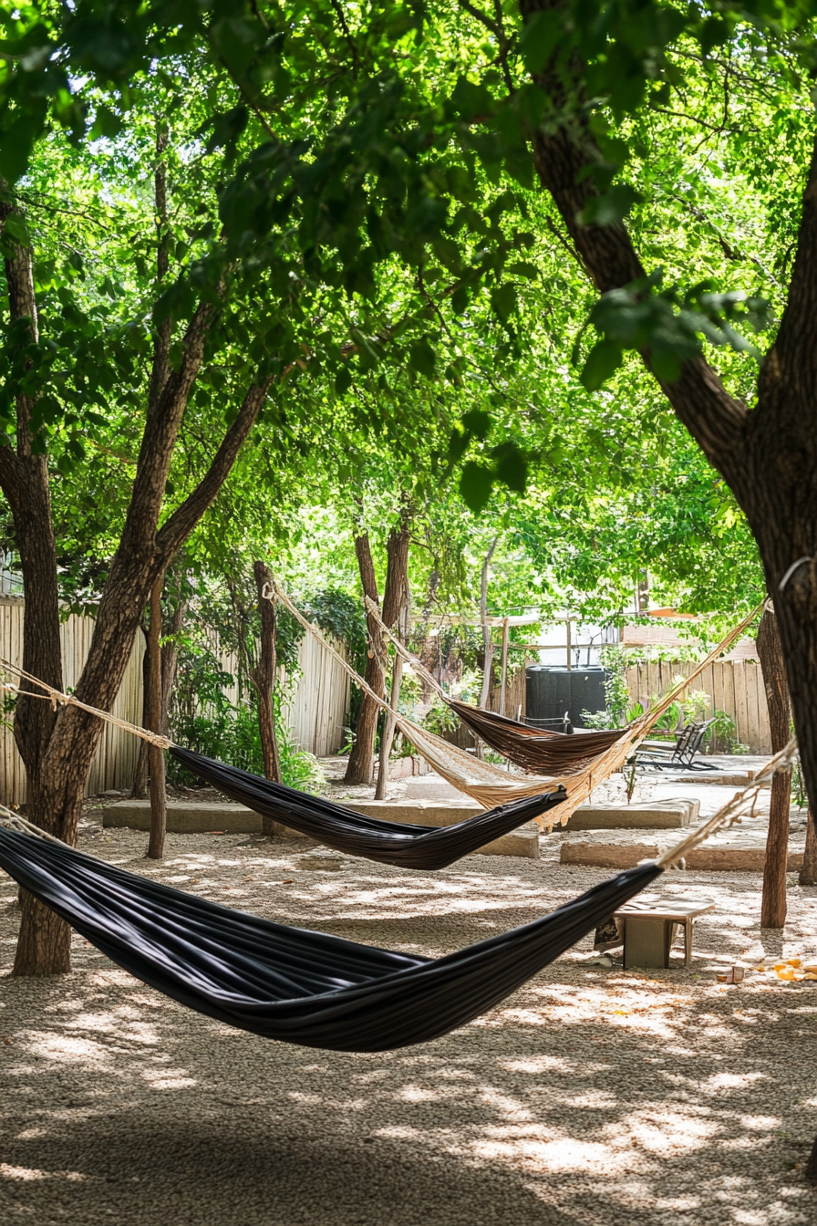 Community Space. Hammocks under leafy trees in quiet pod area.