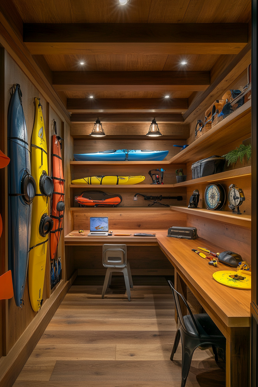 Water adventure space. Open layout blueprints with kayak shelving, compass desk, and life-vest storage.