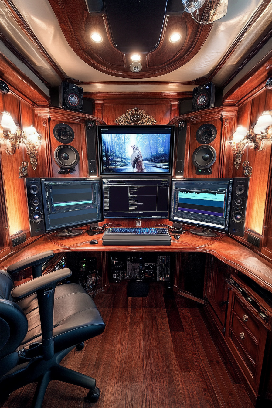 Creative Mobile Space. Luxurious mahogany editing bay with wall-mounted monitors.
