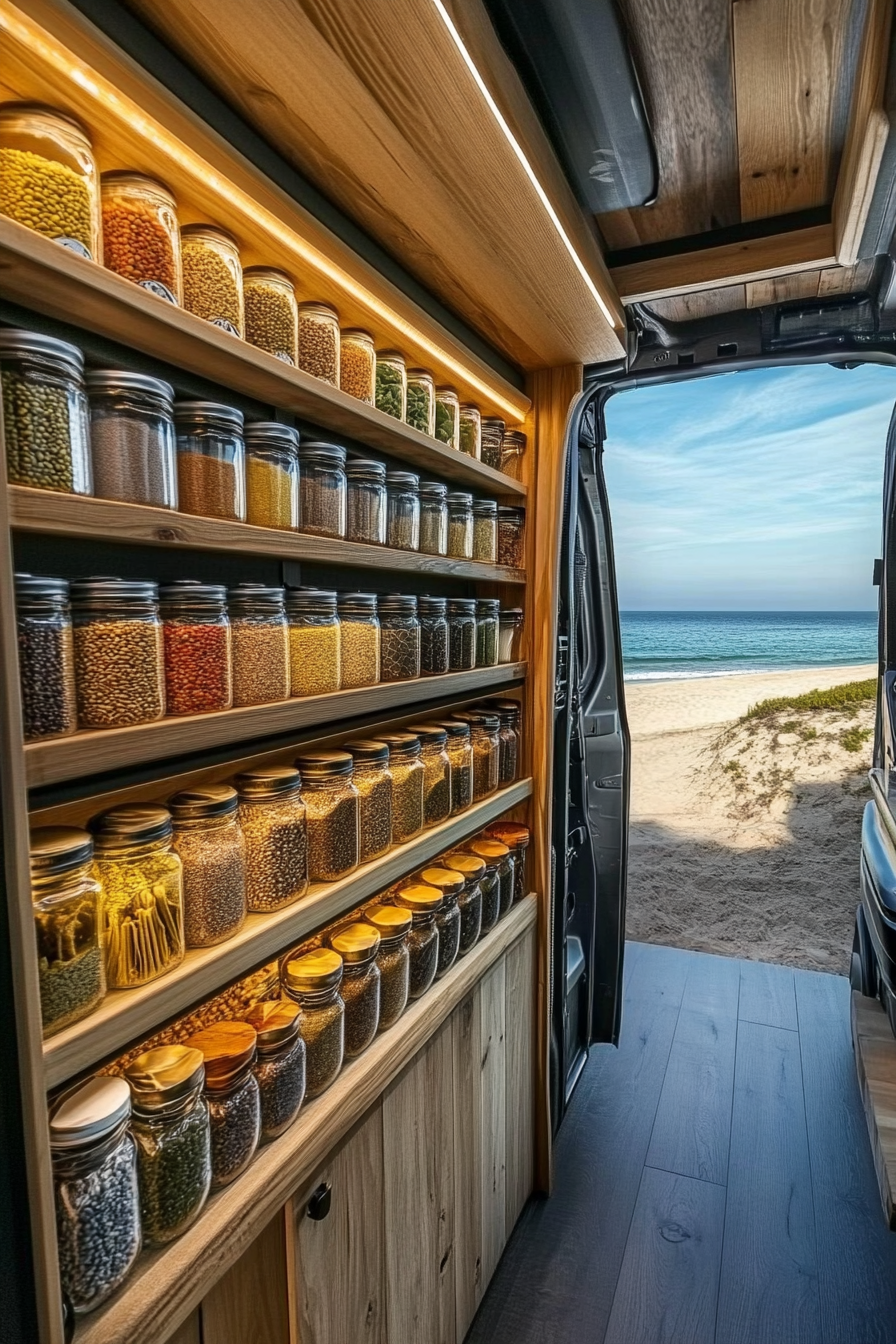 Mercedes Sprinter interior. Vertical spice racks with view of beach.