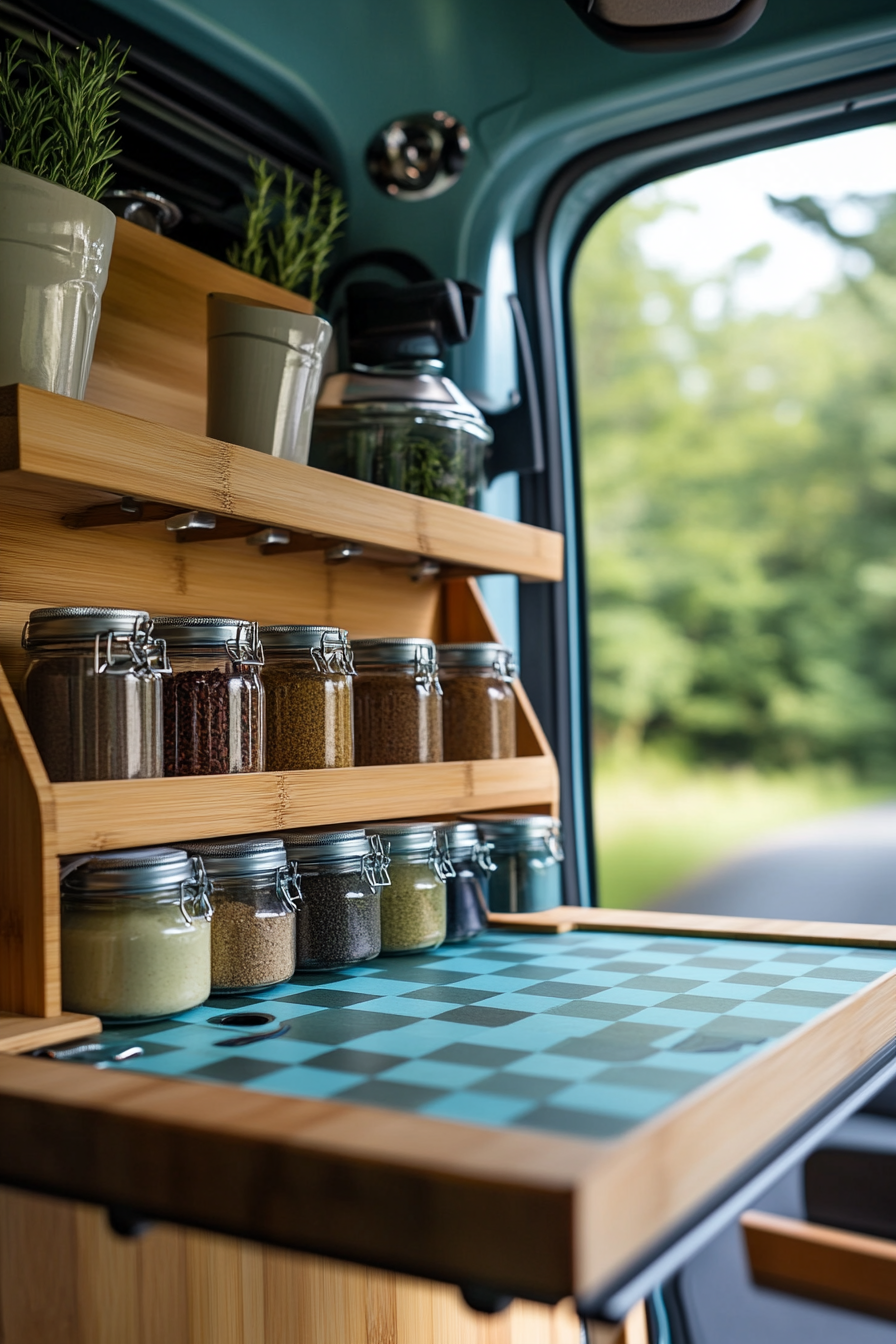 Mercedes Sprinter. Turquoise chessboard folded bamboo counter with vertical thyme spice rack.