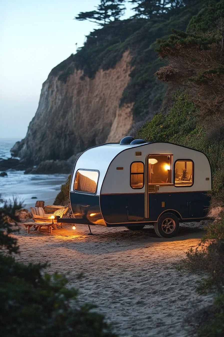 Travel Trailer. Navy and white, brass accents, parked beside sandy beach.