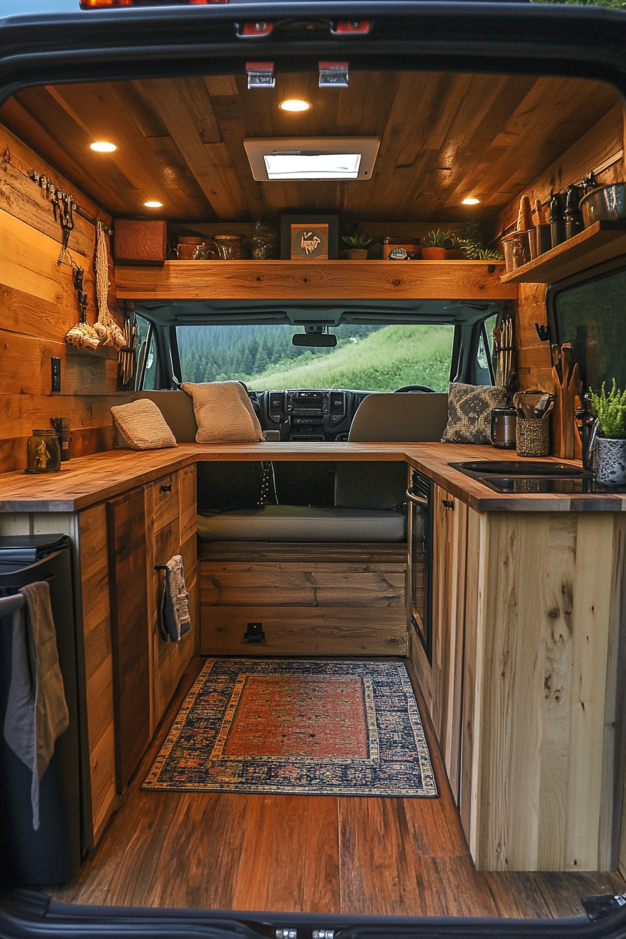 Dodge Ram Van interior. White oak cabinetry, hidden pulls, mountain stream camp accessory.