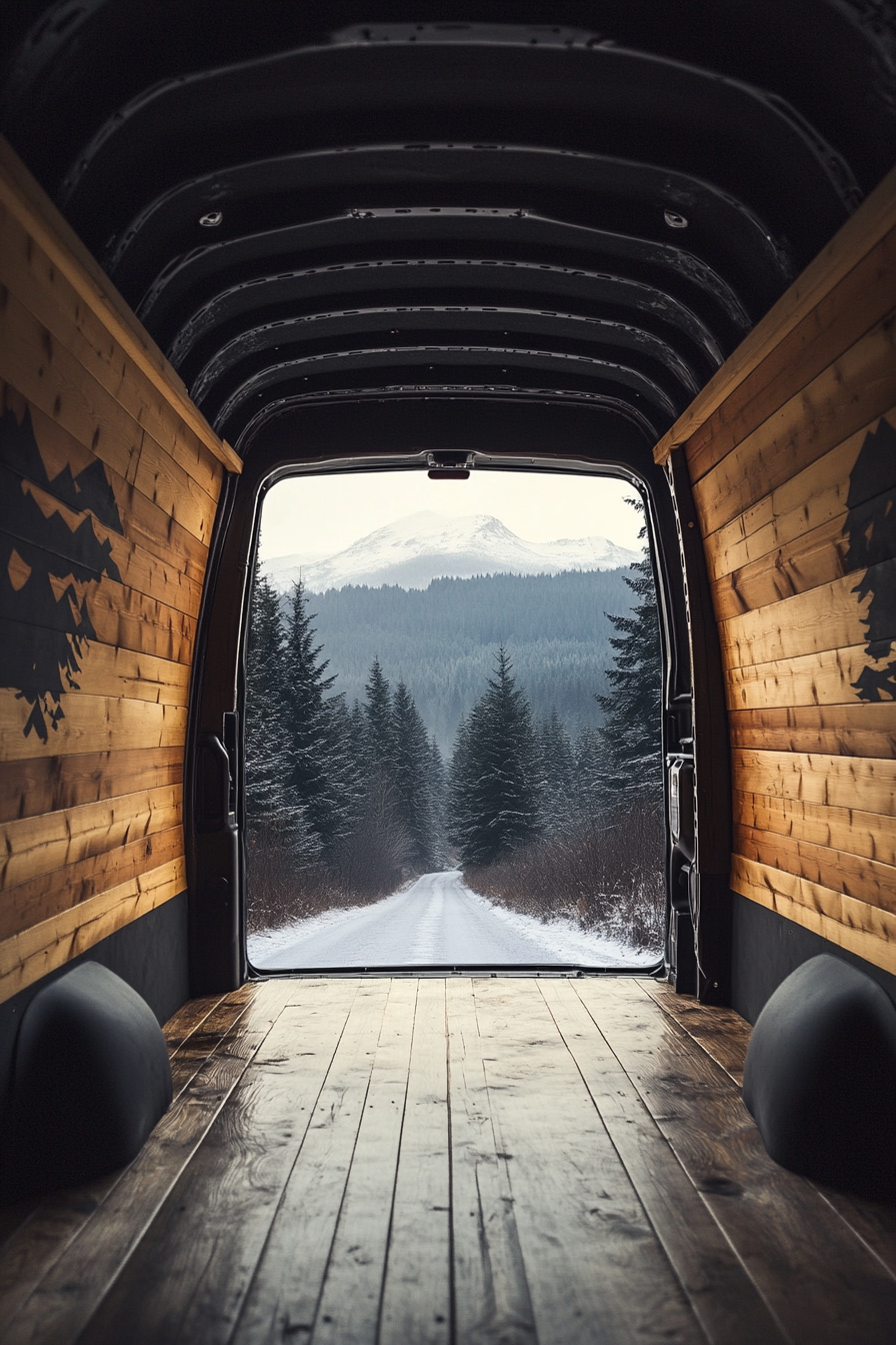 Sprinter 170 van interior. Cedar lined walls with black accents, under a mountainous silhouette.