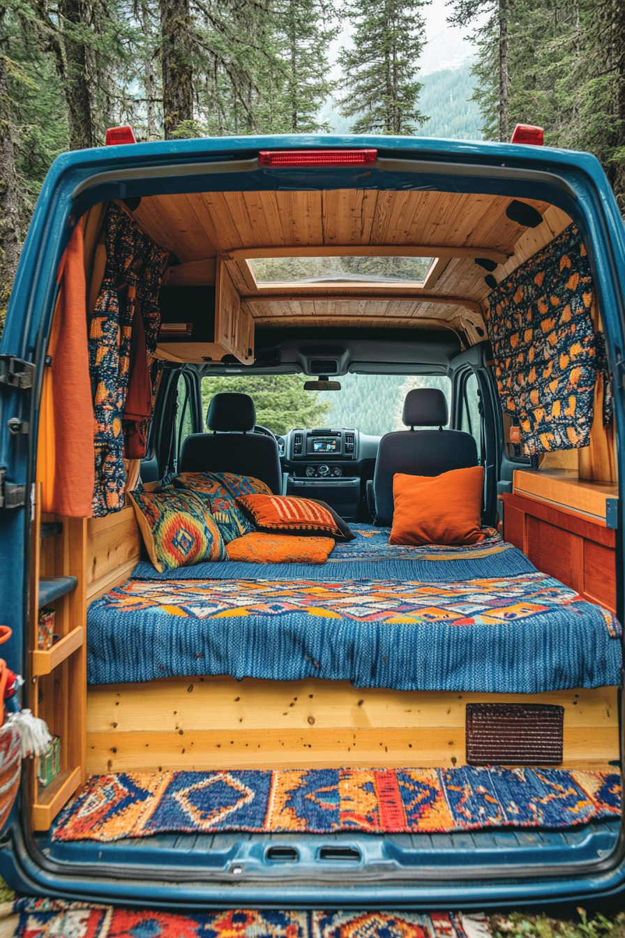 Ford Transit. Convertible bed-to-lounge, printed indigo weave textiles, amongst towering Alpine pines.