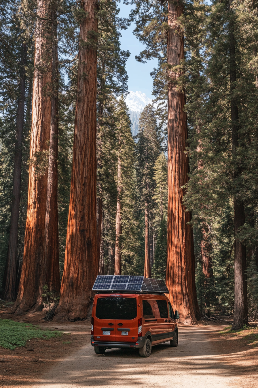 Transit Connect. Van mounted solar panels among sequoia national park trees.
